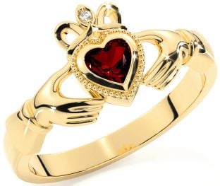 Diamond Garnet Gold Silver Claddagh Ring