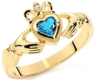 Diamond Topaz Gold Silver Claddagh Ring