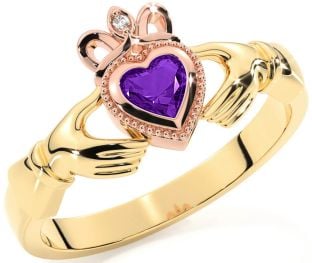 Diamond Amethyst Rose Yellow Gold & Silver Claddagh Ring