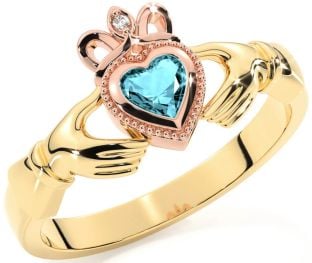 Diamond Aquamarine Rose Yellow Gold & Silver Claddagh Ring