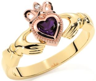 Diamond Alexandrite Rose Yellow Gold & Silver Claddagh Ring