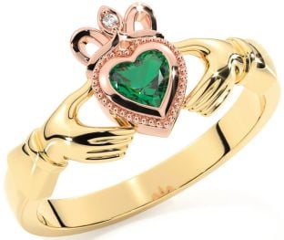 Diamond Emerald Rose Yellow Gold & Silver Claddagh Ring