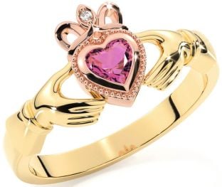 Diamond Pink Tourmaline Rose Yellow Gold & Silver Claddagh Ring