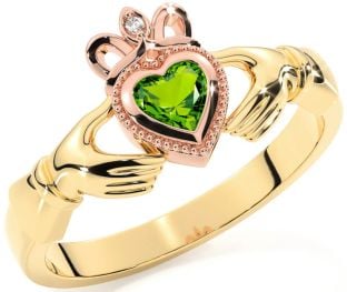 Diamond Peridot Rose Yellow Gold & Silver Claddagh Ring