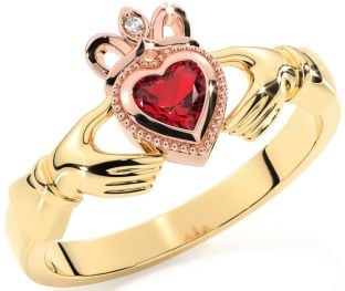 Diamond Ruby Rose Yellow Gold & Silver Claddagh Ring