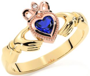 Diamond Sapphire Rose Yellow Gold & Silver Claddagh Ring