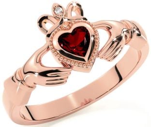 Diamond Garnet Rose Gold Claddagh Ring
