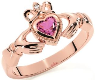 Diamond Pink Tourmaline Rose Gold Claddagh Ring