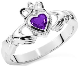 Diamond Amethyst Silver Claddagh Ring