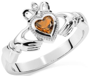 Diamond Citrine Silver Claddagh Ring