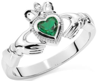 Diamond Emerald Silver Claddagh Ring