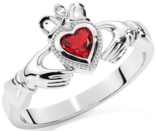 Diamond Ruby Silver Claddagh Ring