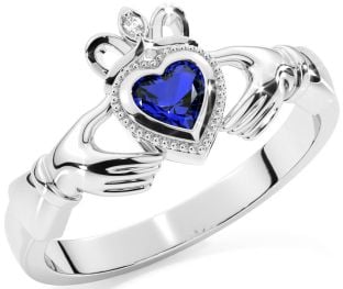 Diamond Sapphire Silver Claddagh Ring