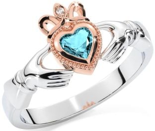 Diamante Aguamarina Rosa Oro Plata Claddagh Anillo