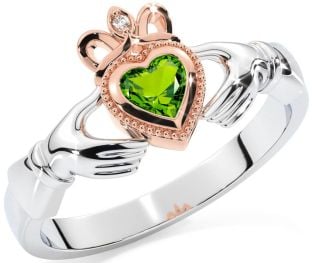 Diamant Peridot Rosa Guld Sølv Claddagh Ring