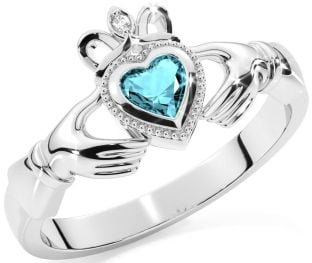 Diamond Aquamarine White Gold Claddagh Ring