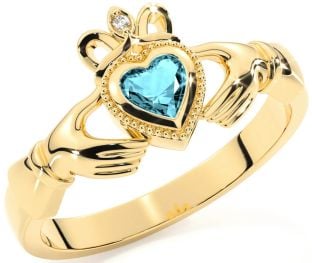 Diamond Aquamarine Gold Claddagh Ring