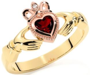 Diamond Garnet Rose Yellow Gold Claddagh Ring