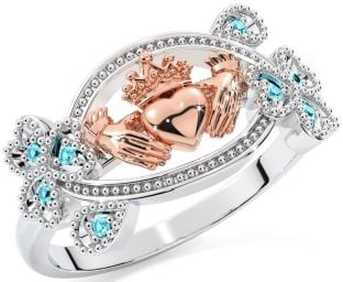 Aquamarine Rose Gold Silver Claddagh Shamrock Ring