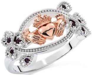 Alexandrite Rose Gold Silver Claddagh Shamrock Ring