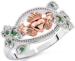 Emerald Rose Gold Silver Claddagh Shamrock Ring