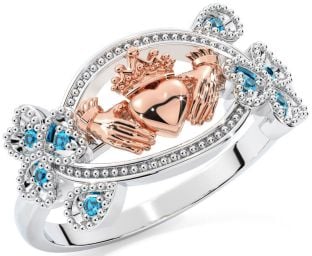 Topaz Rose Gold Silver Claddagh Shamrock Ring