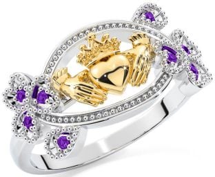 Amethyst Gold Silver Claddagh Shamrock Ring