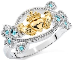 Aquamarine Gold Silver Claddagh Shamrock Ring