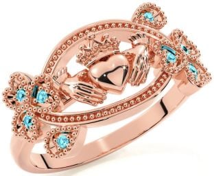 Aquamarine Rose Gold Silver Claddagh Shamrock Ring