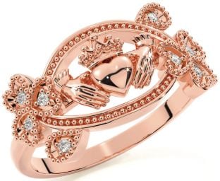 Diamond Rose Gold Silver Claddagh Shamrock Ring