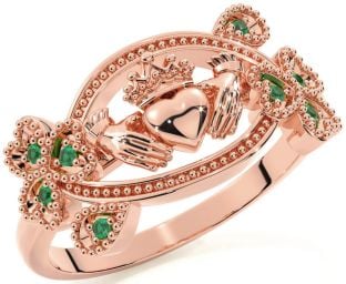 Emerald Rose Gold Silver Claddagh Shamrock Ring