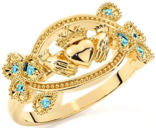 Aquamarine Gold Silver Claddagh Shamrock Ring