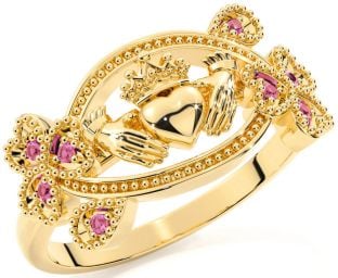 Pink Tourmaline Gold Silver Claddagh Shamrock Ring