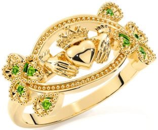 Peridot Gold Silver Claddagh Shamrock Ring