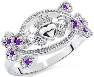 Amethyst Silver Claddagh Shamrock Ring