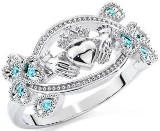 Aquamarine Silver Claddagh Shamrock Ring