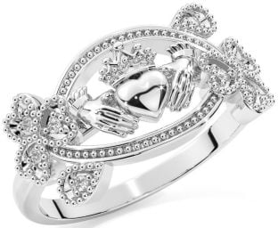 Diamond Silver Claddagh Shamrock Ring