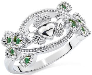 Emerald Silver Claddagh Shamrock Ring