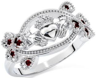 Garnet Silver Claddagh Shamrock Ring