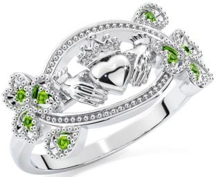 Peridot Silver Claddagh Shamrock Ring