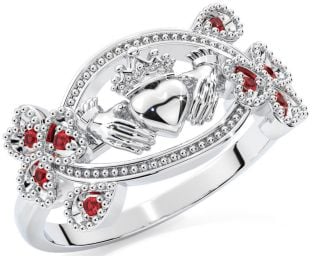 Ruby Silver Claddagh Shamrock Ring