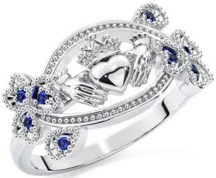 Sapphire Silver Claddagh Shamrock Ring