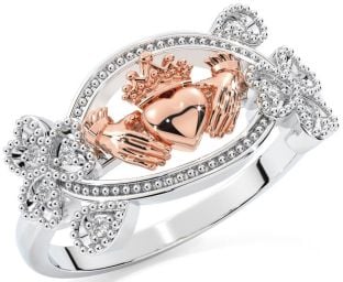 Diamond Rose Gold Silver Claddagh Shamrock Ring