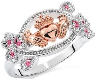 Pink Tourmaline Rose Gold Silver Claddagh Shamrock Ring