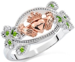 Peridot Rose Gold Silver Claddagh Shamrock Ring