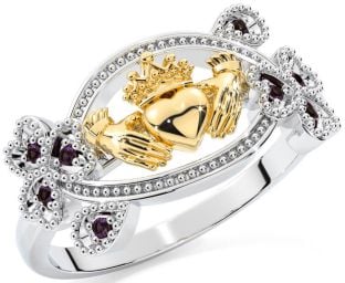 Alexandrite Gold Silver Claddagh Shamrock Ring