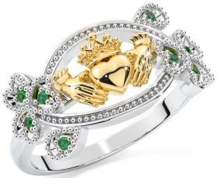 Emerald Gold Silver Claddagh Shamrock Ring