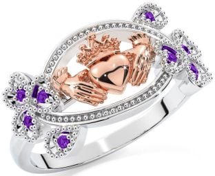 Amethyst White Rose Gold Claddagh Shamrock Ring