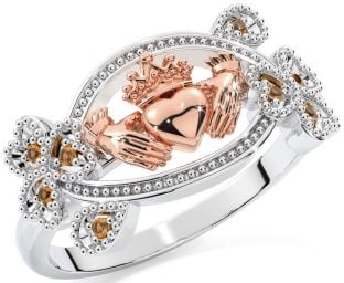 Citrine White Rose Gold Claddagh Shamrock Ring