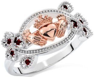 Garnet White Rose Gold Claddagh Shamrock Ring